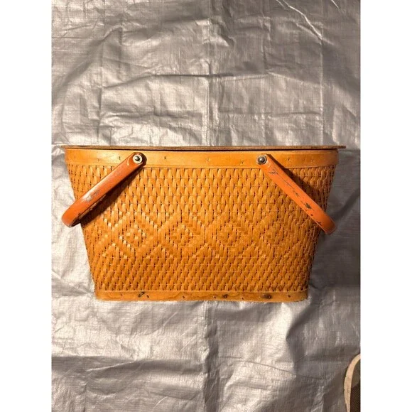 Vintage Red-Man Woven Picnic Basket Orange Interior Folding Handles Peru Indiana