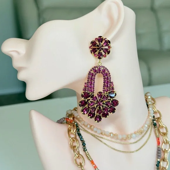 Elegant Pink Crystal Drop Statement Earrings