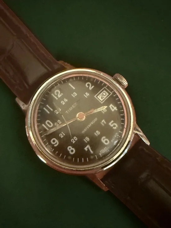 1970 Timex Vintage Mechanical Field Watch Black Dial Date 24HR Running New Strap