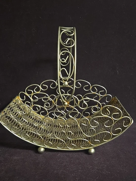 Ornate Scrollwork Metal Basket - Silver Decorative Home Accent