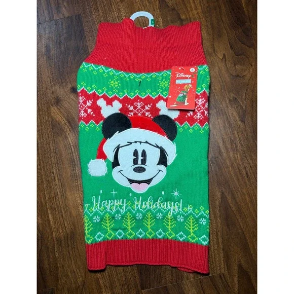 Disney‎ Mickey Mouse Pet Sweater Large Green Red NWT Holiday Fair Isle Dog Knit