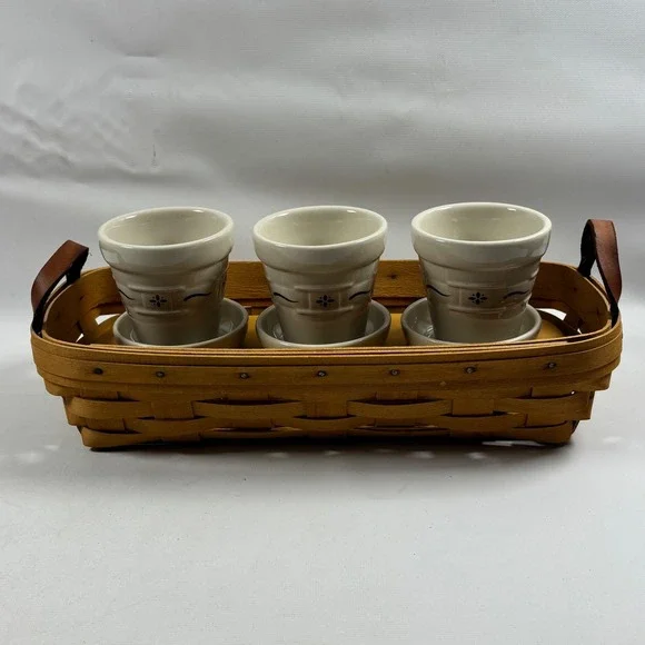 Vintage Longaberger Flower Pot Basket Set 3 Pots Wood Stand Riser Herb Planters