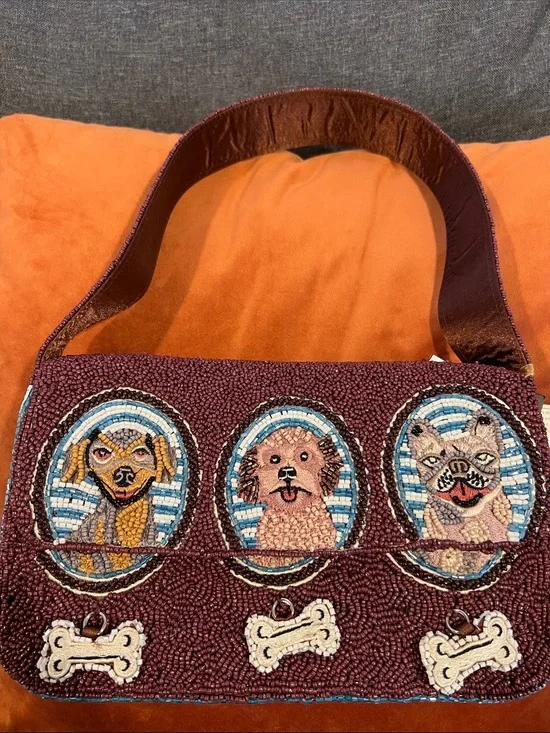 Hand-Beaded Burgundy Dog Portrait Shoulder Bag