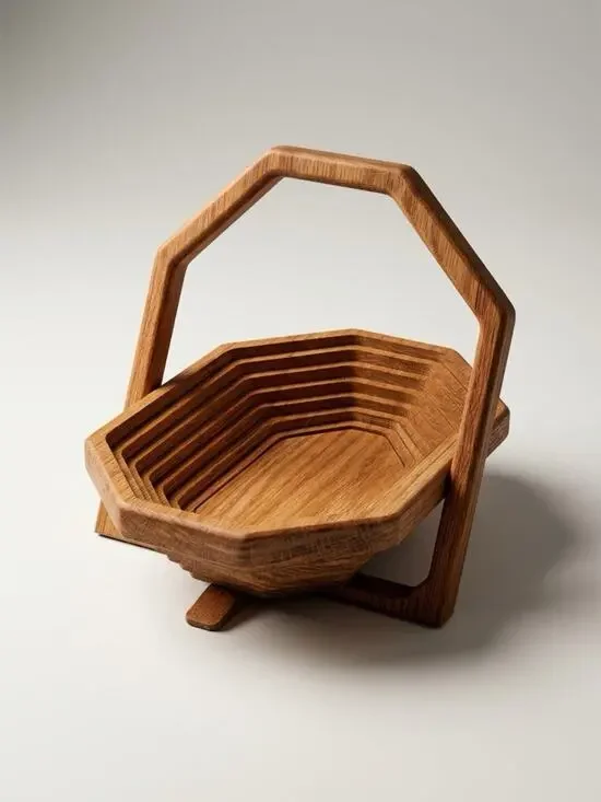 Vintage 90s Collapsible Octagon Spiral Wood Fruits Basket Decor w/Handle 12x8”