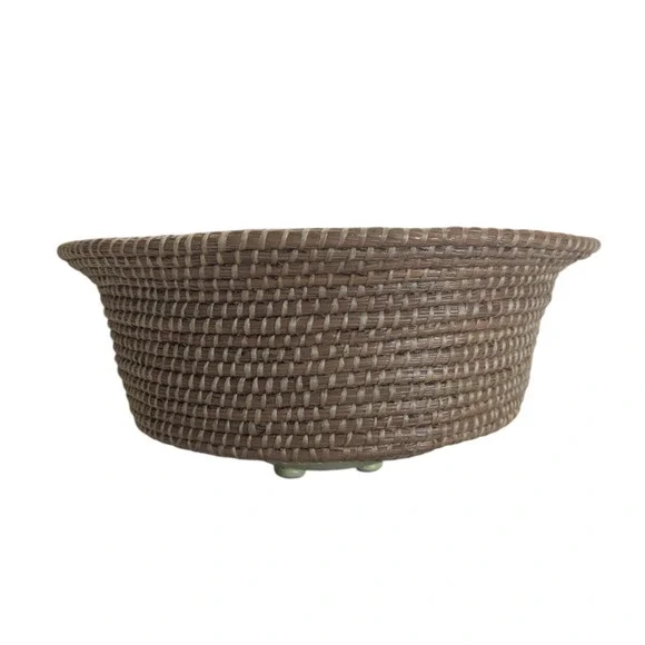 Handwoven Footed Pine Needle Basket Bowl with Ceramic Bottom Artist Signed