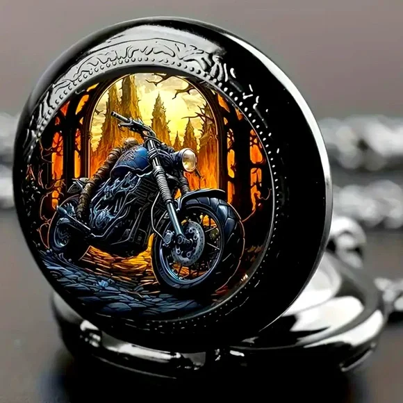 Black Night Rider Motorcycle Pocket Watch