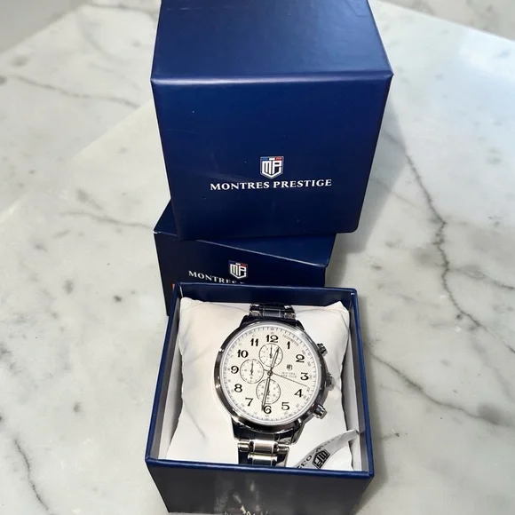 Montres Prestige Men’s Silver Chronograph Watch with White Dial
