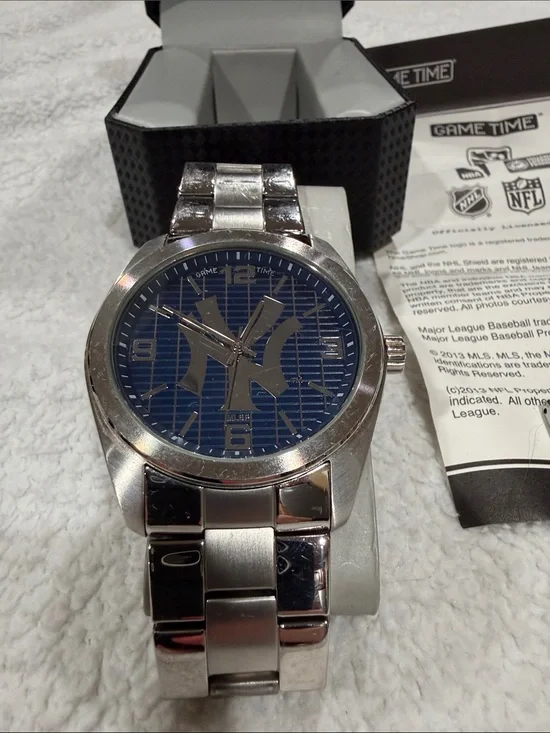 Game Time Silver Men's Watch with Blue Dial featuring NY Logo