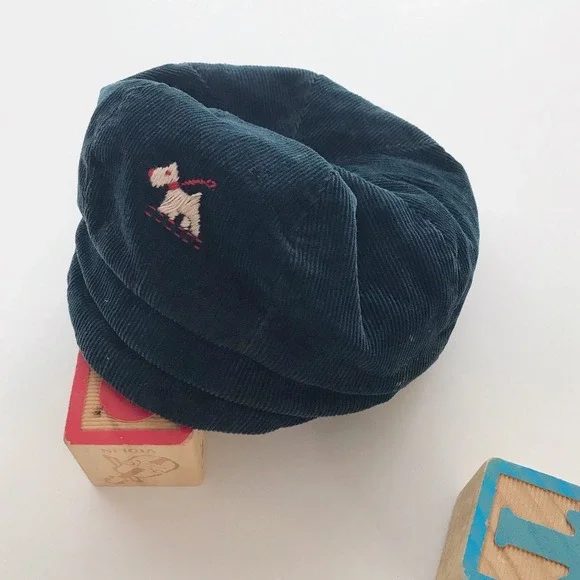 Vintage 50s Newsboy Cap‎ Dark Blue Corduroy Embroidered Dog Kids Flat Hat