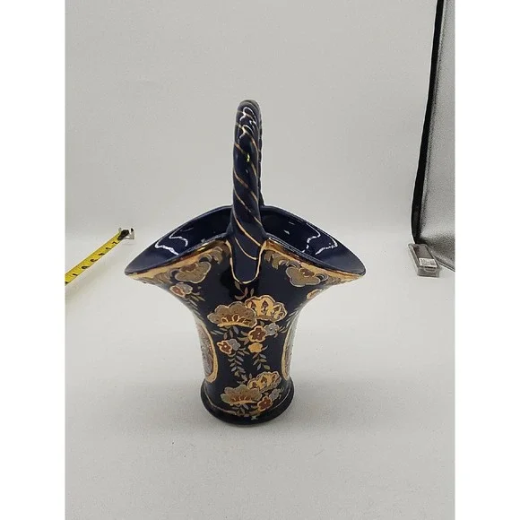 Porcelain Basket w/Handle, Cobalt‎ Blue 9 1/4