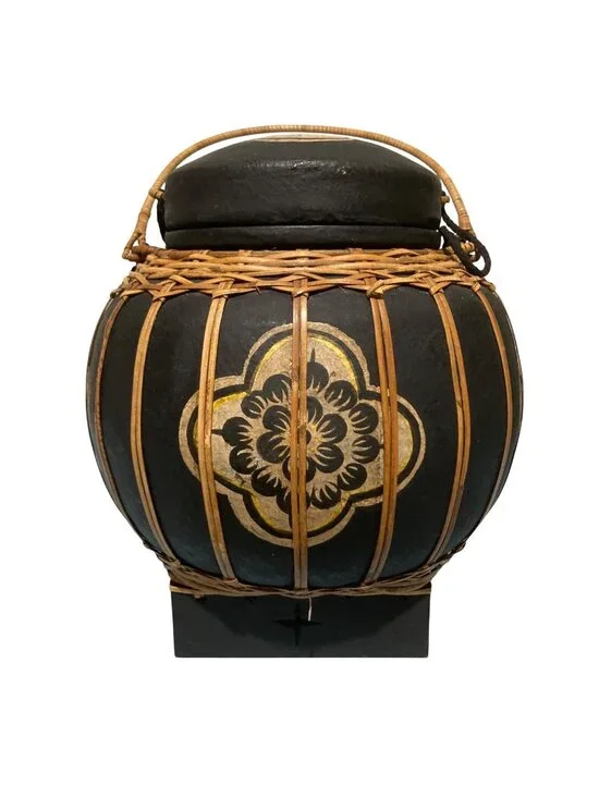 Handcrafted Vintage Thai Rice Basket With Lid And Floral Design