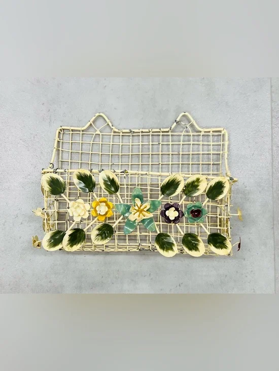 Italian Painted Toleware Floral Letter Holder Wall Basket Shabby Chic Farmhouse‎