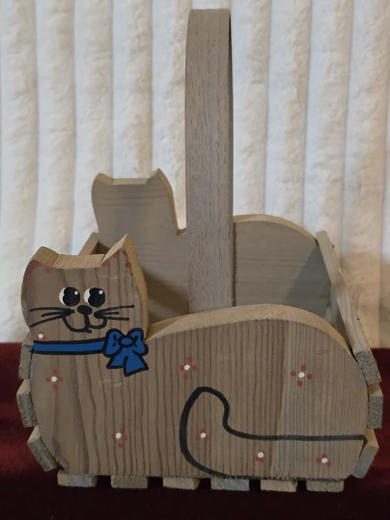 Vtg Sawmill Critters Handcrafted Wood Cat Basket Caddy Hand Painted - Tennessee