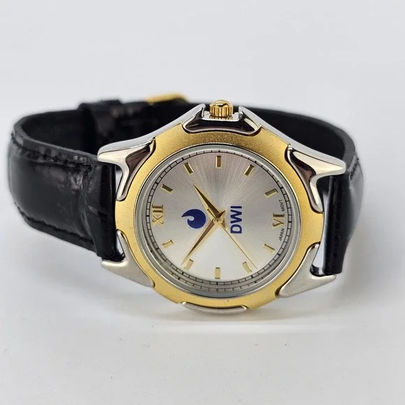 Men's Analog Dress Watch 37MM Light Gold Dial Black Leather Bands New Battery
