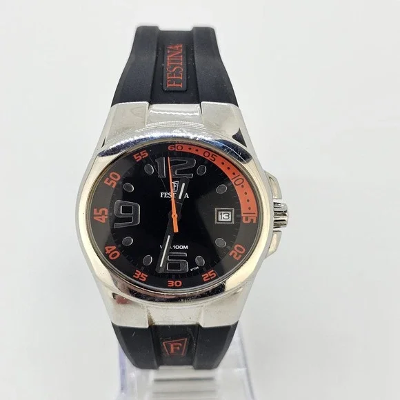 Festina Depose Men's Watch 38MM Black Dial Date Black Plastic Bands New Battery