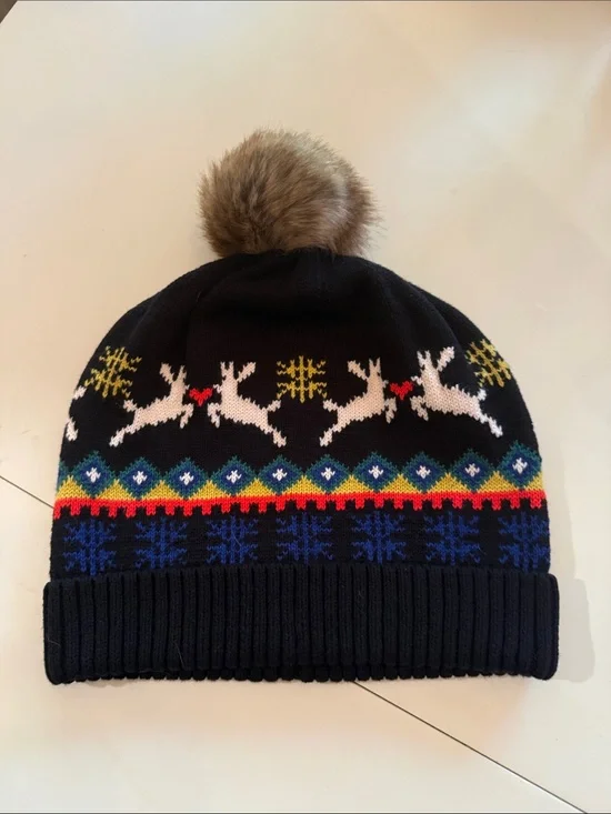 Hanna Andersson Navy Knit Pom Beanie with Reindeer Motif