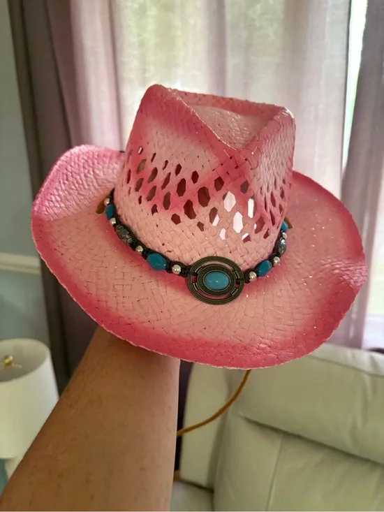 Pink Beaded Straw Cowgirl Hat with Turquoise Accents