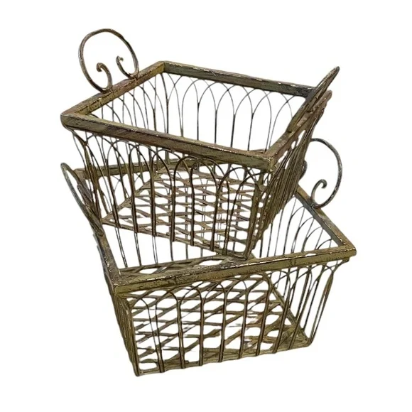 Vintage Wrought Iron Square‎ Ornate Handles Basket Sage Green, Set Of 2