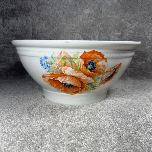 Poppy Floral Mixing Bowl White Orange‎ Vintage Farmhouse