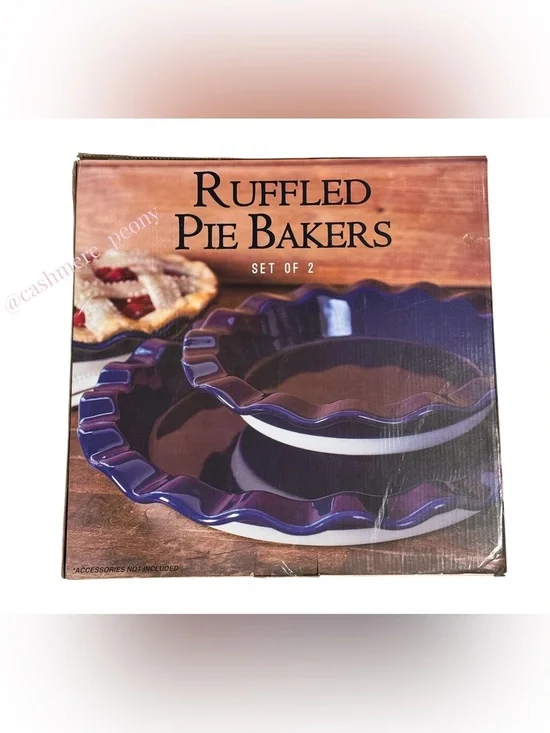 NEW Ruffled Pie Bakers Set of 2 Royal Blue Ceramic Stoneware 10.5” & 14” Dishes