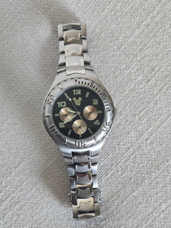Disney Silver-Tone Men’s Watch with Black Dial and Gold Subdials