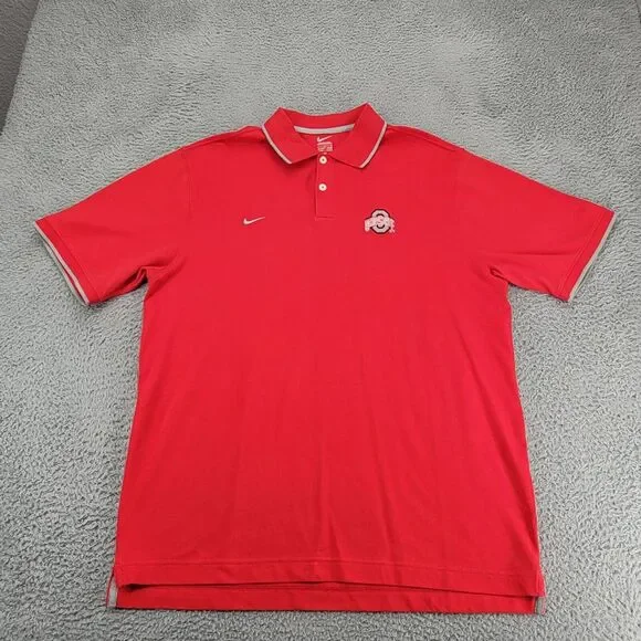 Nike‎ Men's Large Red Polo Shirt Ohio State Logo Gray Trim Swoosh Embroidered