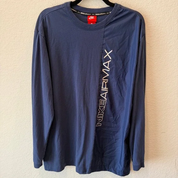 Nike Air Max Mens Long Sleeve Shirt Navy Blue Mixed Media Graphic Tee Large