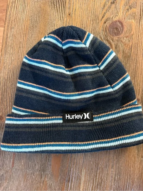 Hurley Youth Beanie Knit Hat Blue Black Orange Striped Fold Over Cuff Winter Cap