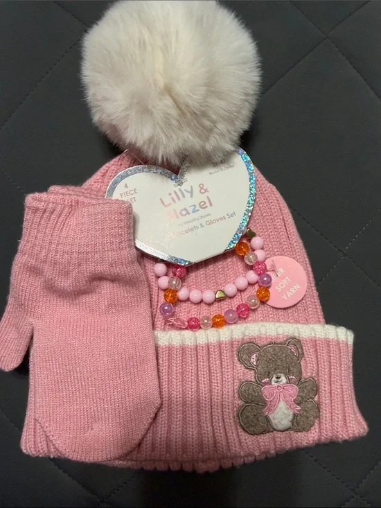 Lilly & Hazel Pink Pom Pom Hat, Mittens & Bracelet Set