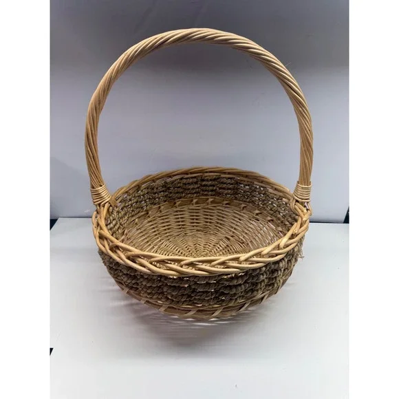 Natural Wicker Seagrass Round Basket with High Handle Farmhouse Decor 14.5in