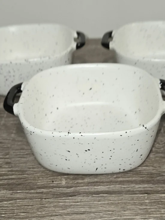Lot of 3 Robert Stanley Oven Safe Ramekins Speckled White Black Square Dish.