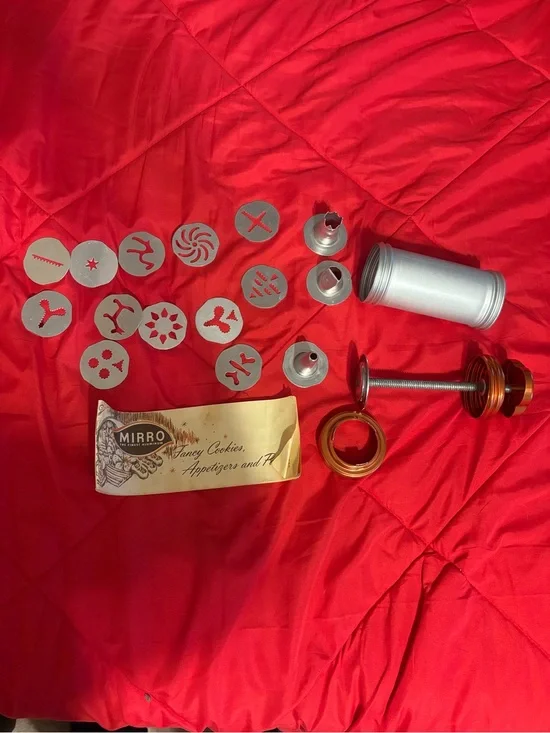 Metal Cookie Press with Red Accents and 14 Decorative Discs