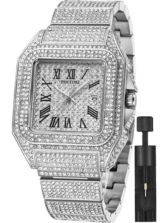 Stylish Hip Hop Men's Bling Crystal Watch - Rectangle Case, Stainless Steel