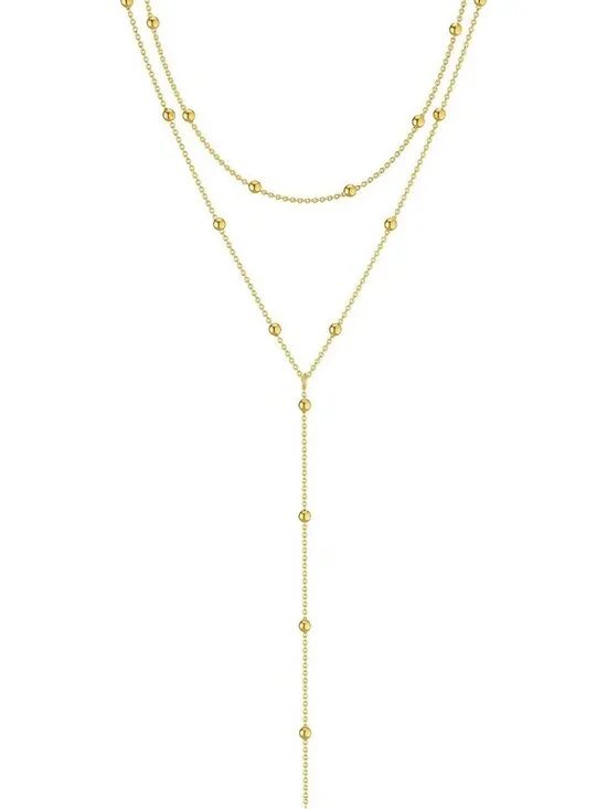 Dainty Gold Lariat Necklace for Women, Y-Shaped Pendant, Layered CZ Beaded Chain