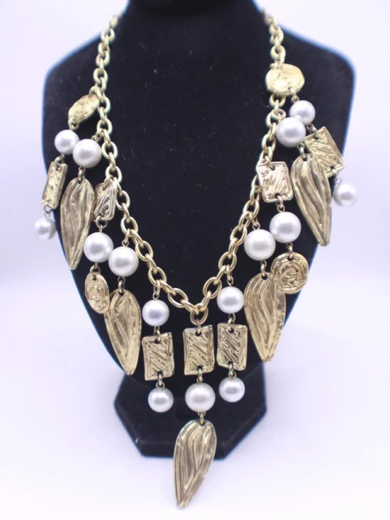Gold-Tone Statement Necklace White Faux Pearl Dingle Dangles toggle clasp 19”