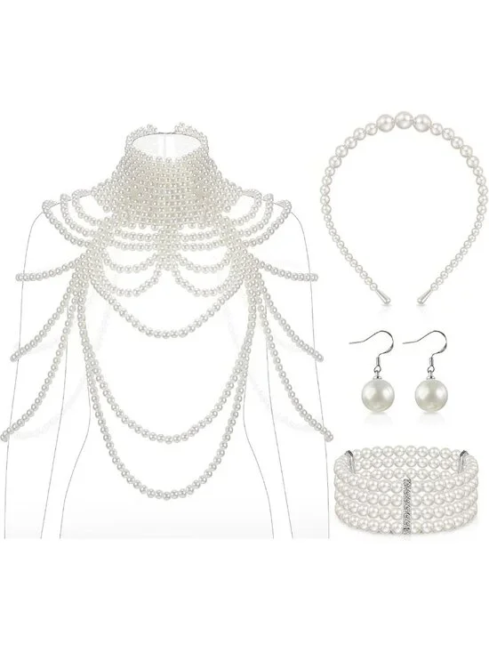 1920s Pearl Body Chain Set - Necklace, Headband, Earrings & Bag - Vintage Glam