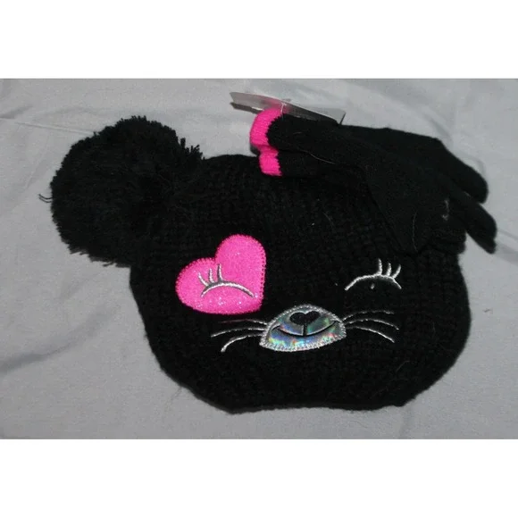 Cat Black Beanie Hat W/ Ears & Gloves Set