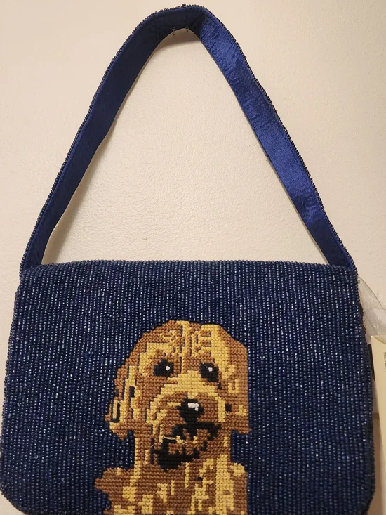 Blue Beaded Dog Tote Bag with Golden Dog Motif