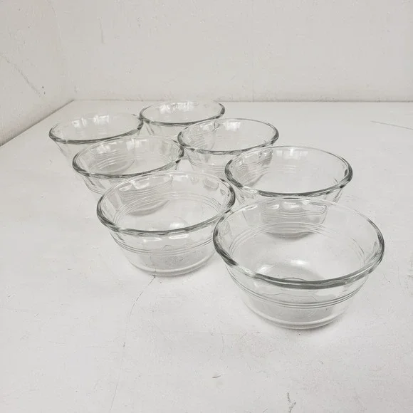 Pyrex 463 Clear Glass Custard Cups Ramekins 6oz 175ml Set of 7 Ribbed Scalloped