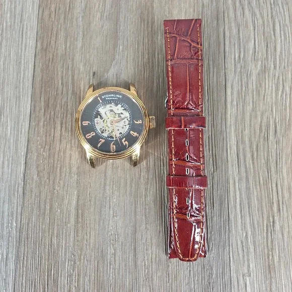 Stuhrling Original Mens Skeleton Automatic Watch Gold Tone ST-90050 Black Dial