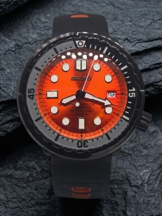 Custom 47mm Automatic Seiko Mod Watch NH35 Black and Orange Tuna Canned Diver