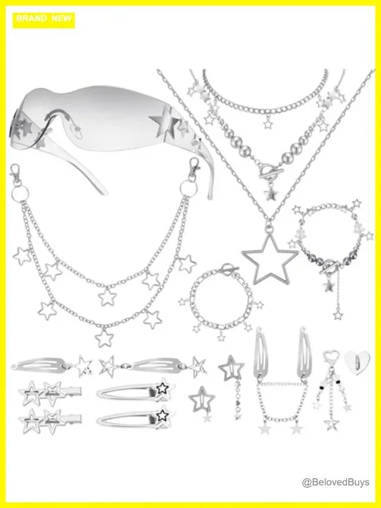 Y2K Silver Alloy Jewelry Set Star Necklace Bracelet Sunglasses Keychain