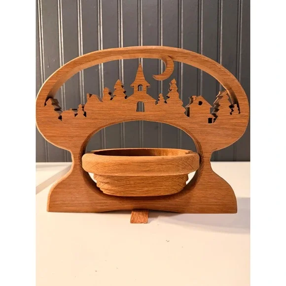 Handmade Wooden Collapsible Basket Village Scene Fretwork Trivet Bowl 9.5 Inch
