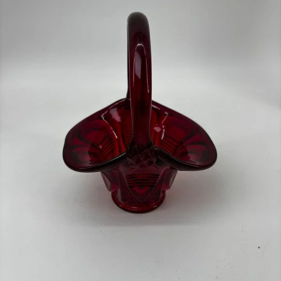 Vintage Ruby Red Glass Basket Pressed Pattern Scalloped Edge Applied Handle 6in
