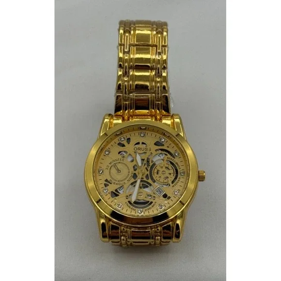 Oruss Gold Colored Men's Stainless Steel Watch W/Skeleton Dial & Luminous Hands