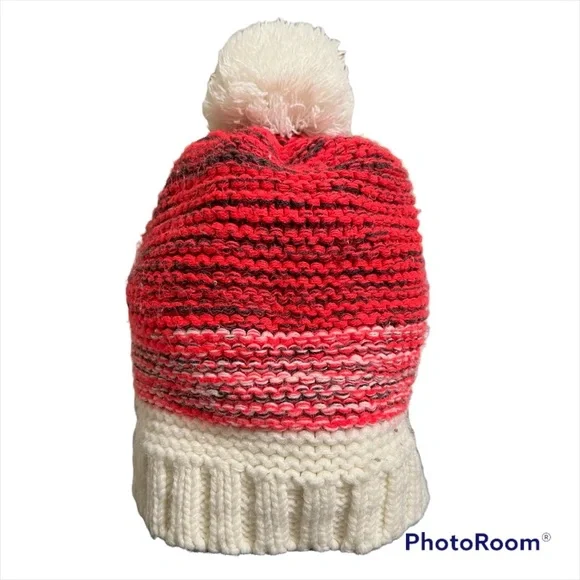 Thinsulate fleece lined winter‎ hat with red/pink striped with white pompom
