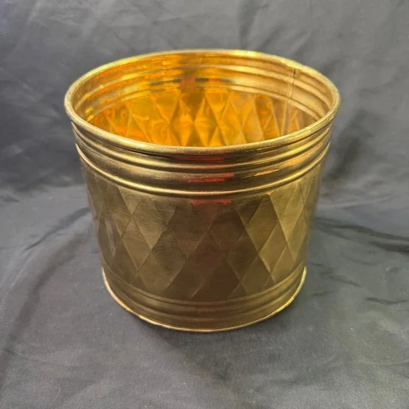 Vintage Brass Diamond Quilted Planter Pot Hollywood Regency Gold 7in