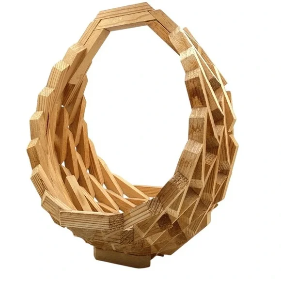 Vintage MCM Handmade Wood Geometric Block‎ Basket Bowl Mid Century Decor