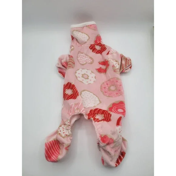 Berkshire Blanket Pink Donut Heart Fleece Dog Pajamas XS Snap Closure PJs‎
