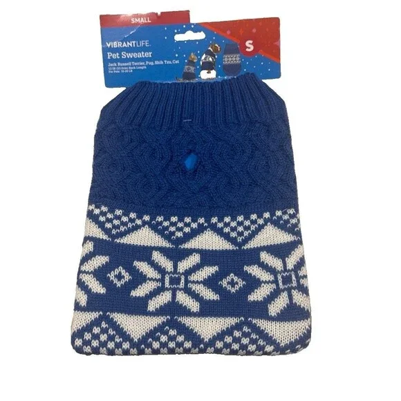 Vibrant Life Holiday Pet Sweater for Cats & Dogs, Snowflakes, Blue, Small